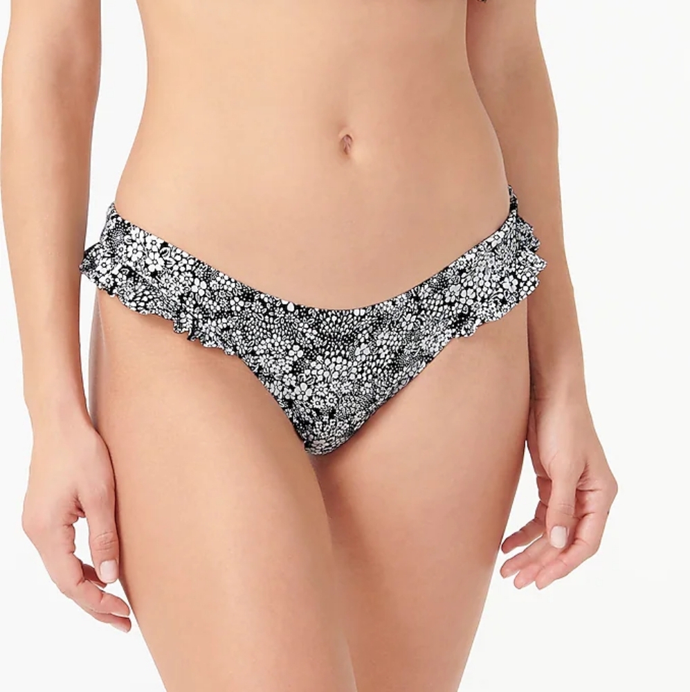 J.Crew Floral Side Ruffle Low Rise Bikini Bottom, Xl, Blue/ White
